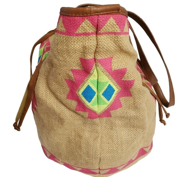 Billabong Boho Tote Beach Bag Southwest Purse Aztec Burlap Lined Hobo Tan Pink - Picture 4 of 16